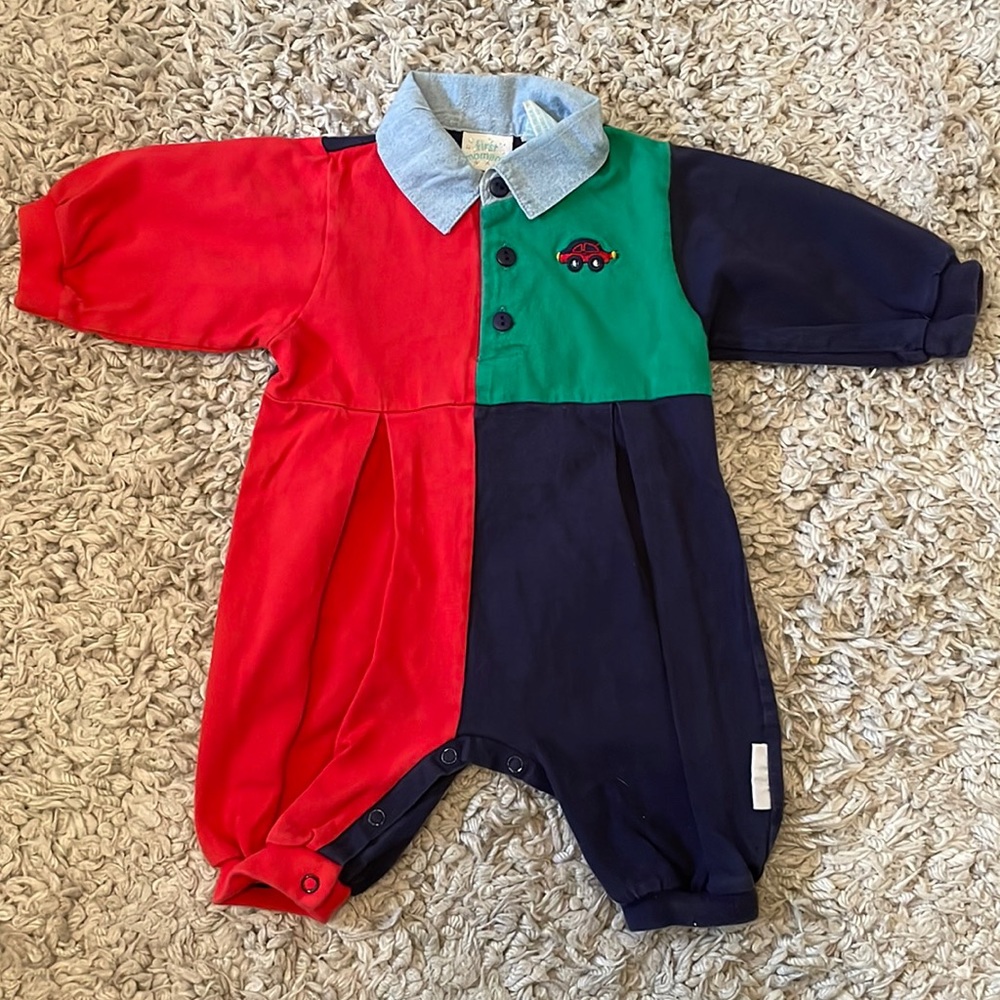 Vintage First Moments Color Block Car Romper, Size 3-6 Months